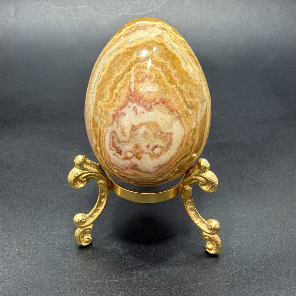 Vintage Marble Stone Egg with Brass Stand Polished Onyx Quartz Granite Art
